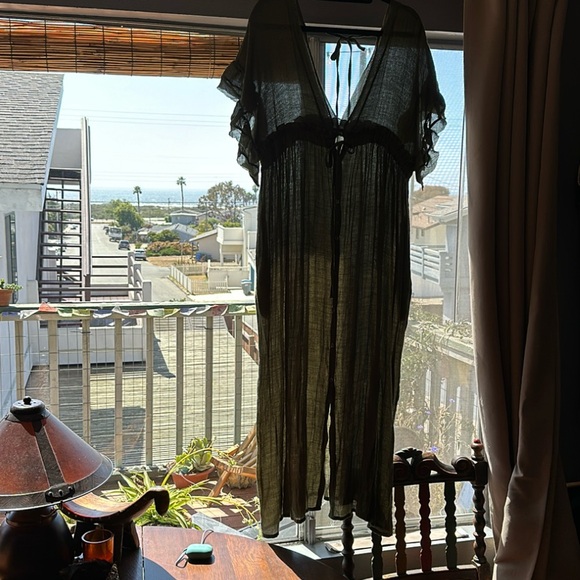 XL Bohemian long Olive gauze semi sheer maxi dress w pockets and ruffle sleeves - Picture 14 of 16